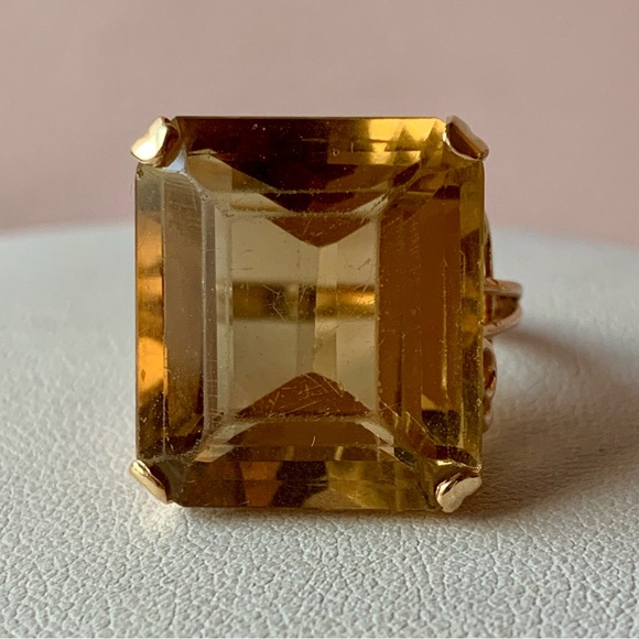 VINTAGE 14K YELLOW GOLD HUGE STEP EMERALD CUT CITRINE QUARTZ RING STATEMENT - Picture 9 of 16